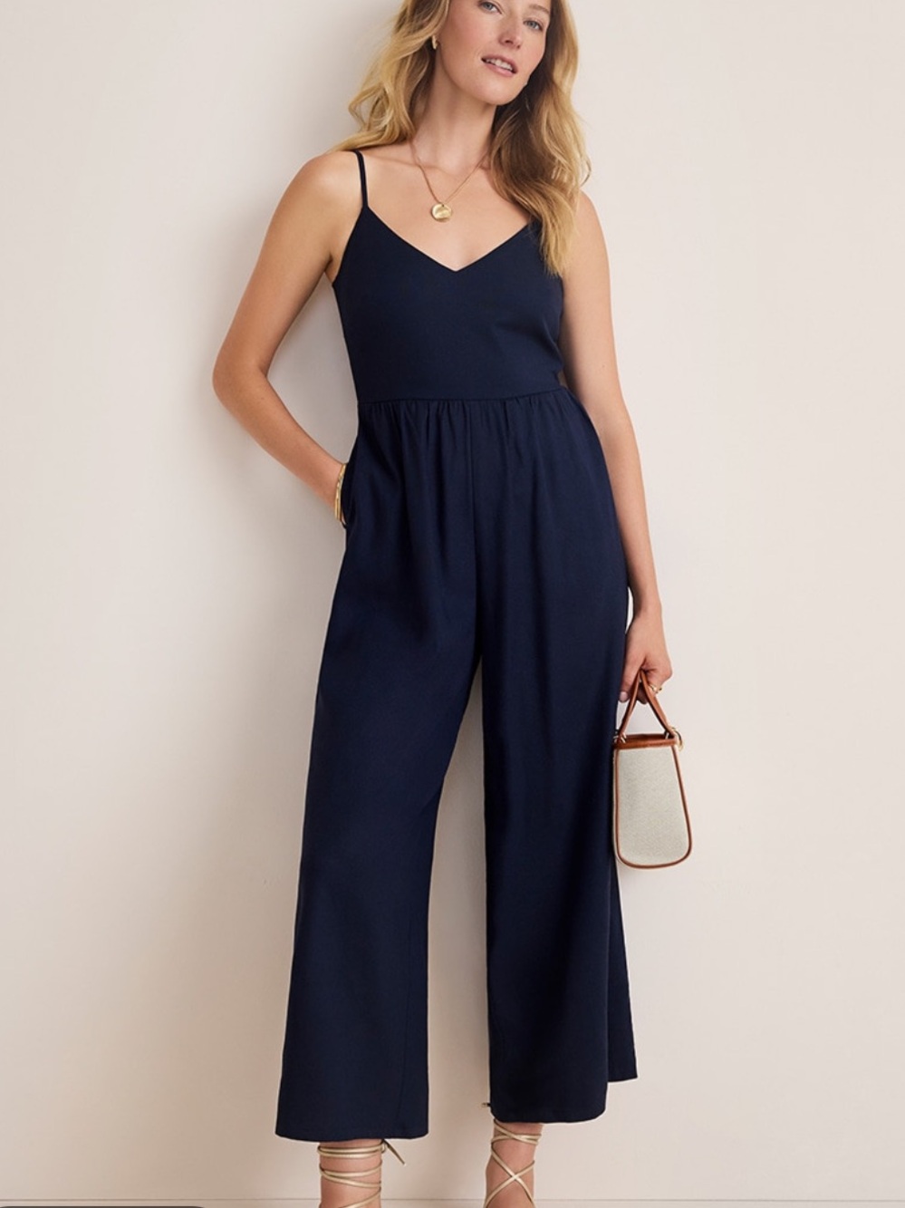 FRANCESCA’S AUDREY PARKS ANGIE TIE BACK JUMPSUIT LINEN RAYON NAVY BLUE SZ MED